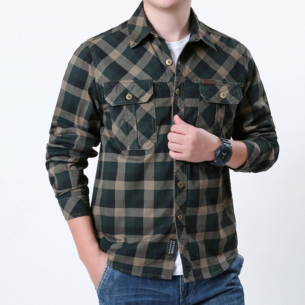 Spring Autumn Men's Cotton Pla - Flannel Shirt Lined recension och pris