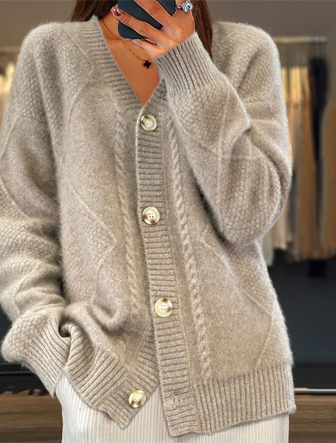 Women V Neck Cable Knit Cardig - Down Jacket Packable recension och pris